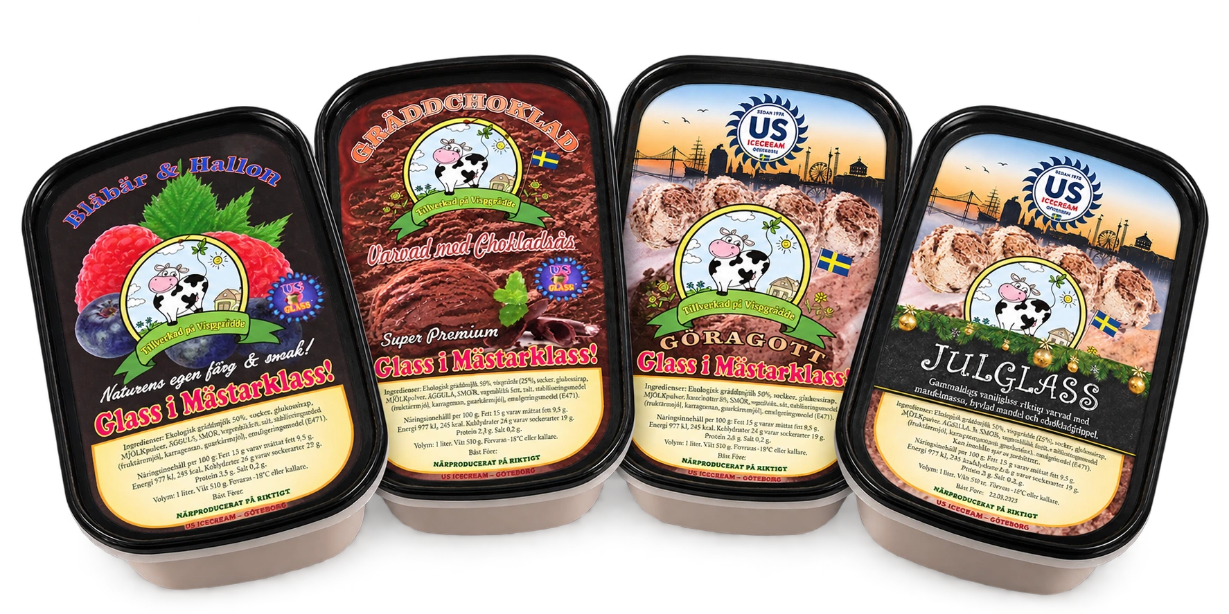 Fyra US Icecream-förpackningar i solfjäder: Blåbär & Hallon, Gräddchoklad, Göragott och Julglass